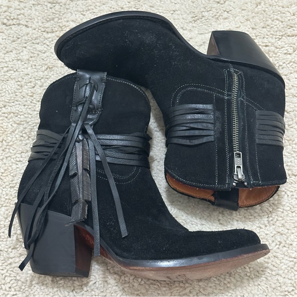 Lucchese Black Suede Ankle Boots with Tassels